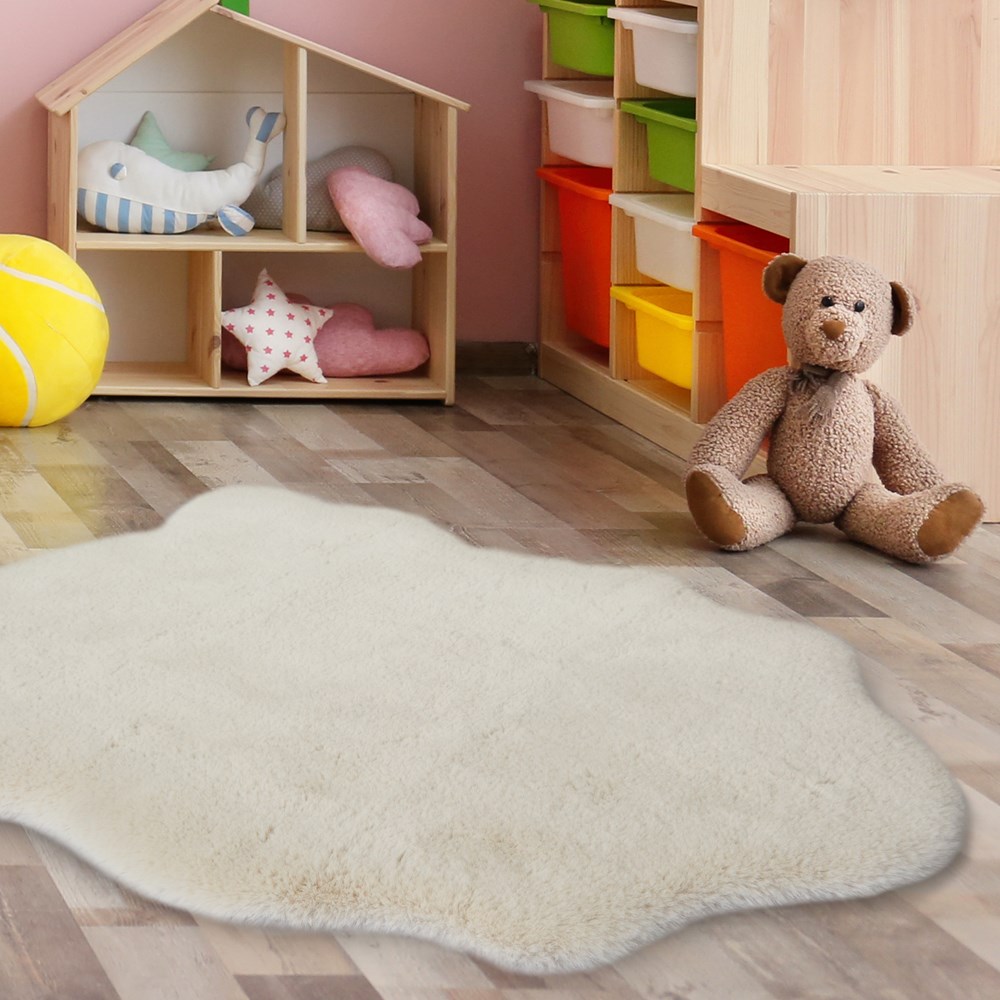 Luxury Faux Fur Plain Modern Shaped Rug 2 in Ivory White